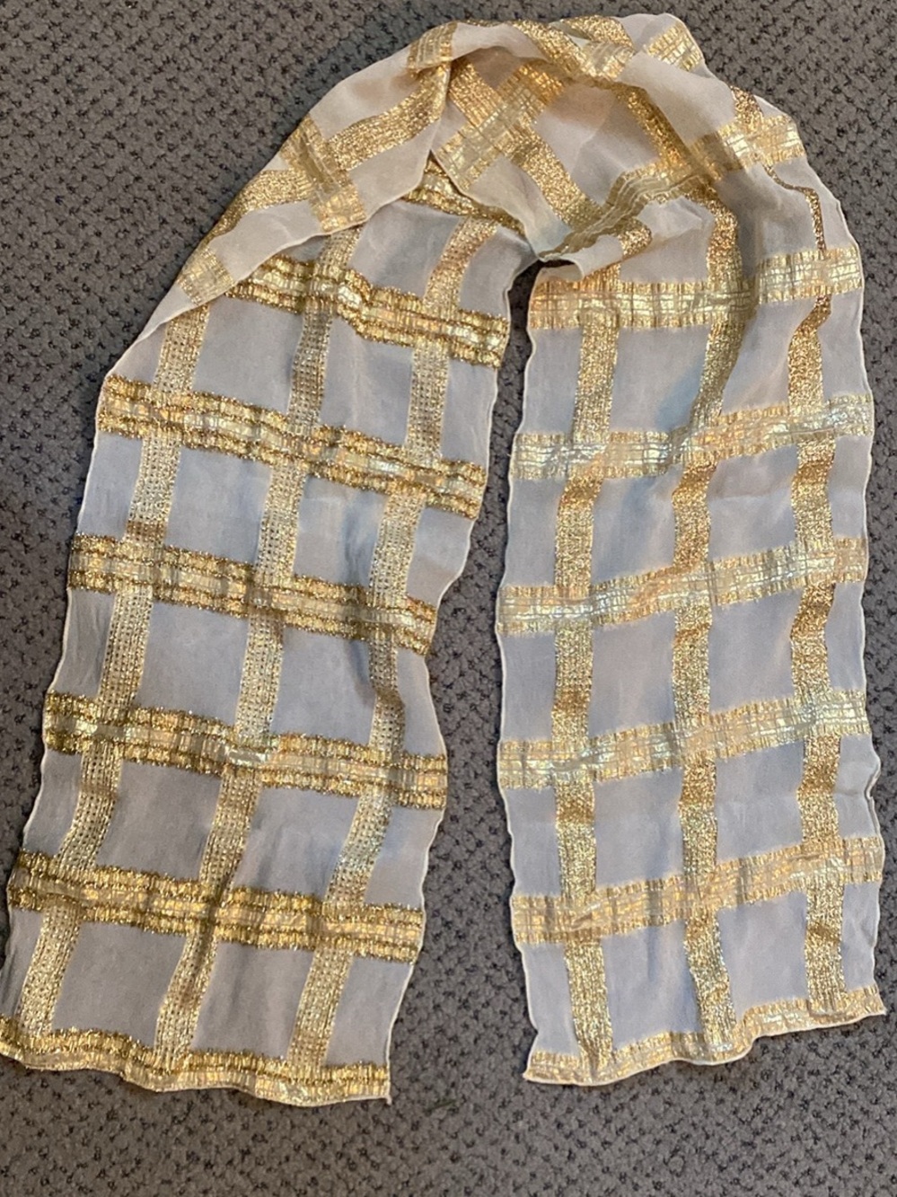 Oscar de la Renta Sheer White Scarf with Gold Metallic Grid